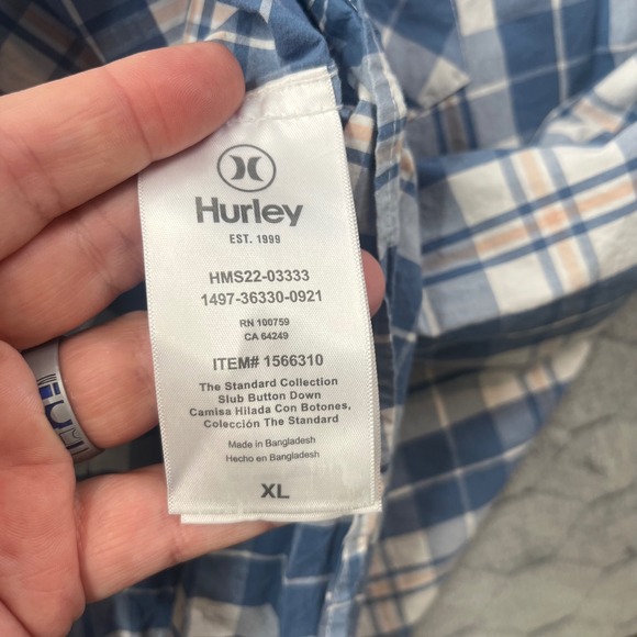 Hurley Slub Button Down Shirt Mens XL Blue Plaid Short Sleeve HMS22-03333 - Picture 4 of 8